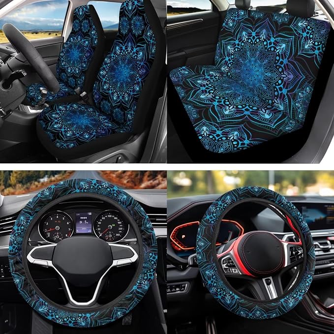 Blue Mandala Car Seat Covers Full Set 12 Pack Steering Wheel Cover Center Console Cover Cars Coasters Car Seat Belt Cover Universal Fit Automotive Most Cars