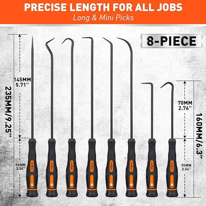 HORUSDY 8-Piece Professional Hook and Pick Set for Automotive Precision Work, Oil Seal Puller, O-Ring & Gasket Removal Tools with Ergonomic Handles for Mechanics, DIY Car Repair