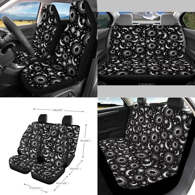 Celestial Sun Moon Stars Print Car Seat Covers 15Pcs Full Set Car Steering Wheel Cover Seat Belt Cover Trash Bin Air Vent Storage Box Rear View Mirror Car Cup Holder Keychain