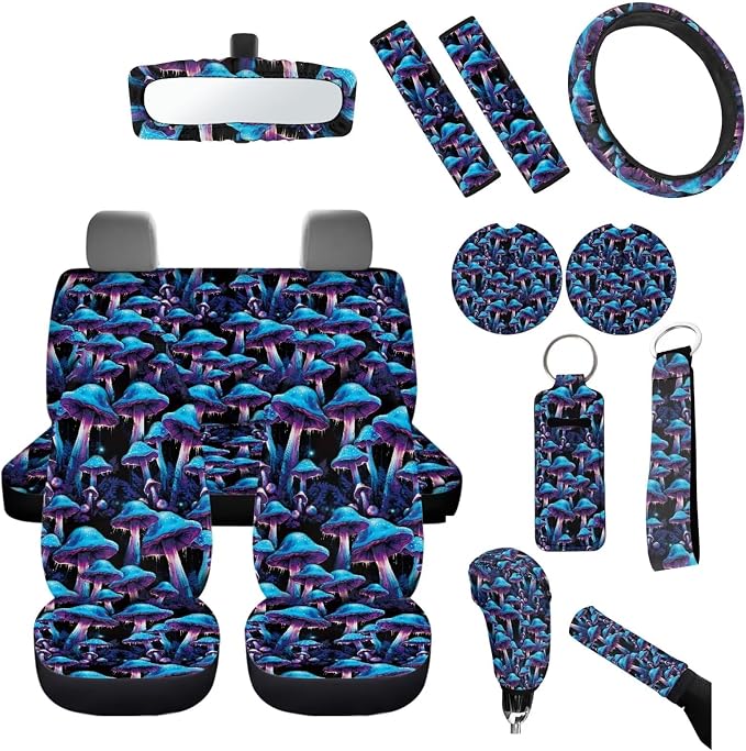 Purple Mushroom Auto Seat Covers Full Set+Mushrooms Coaster for Car+Mushroom Steering Wheel Covers+ Keychains+Vehicle Interior Mirror Covers+Handbreak Gear Shift Cover for Cars