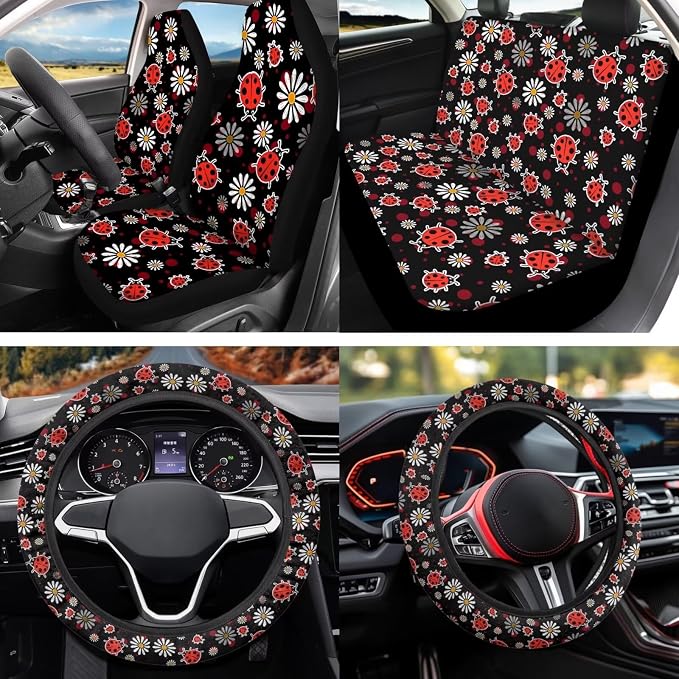 Cute Ladybug 12 Pcs Car Seat Covers with Steering Wheel Cover,Seat Belt Covers Cup Holder Keychain Holder Elastic Fabrics Universal Fit for Most Cars,SUVs
