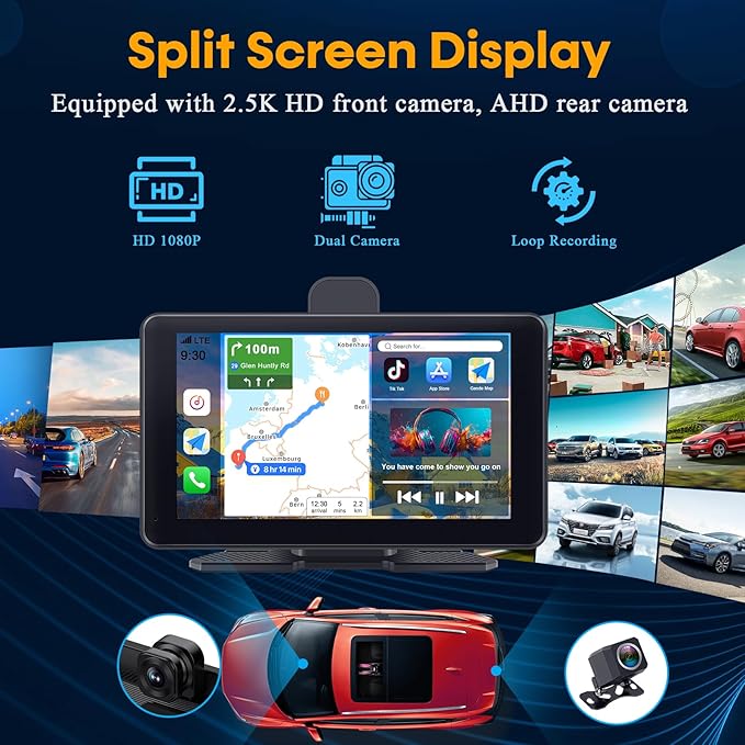 Wireless Apple CarPlay with Dash Cam: 7″ Carply Screen for Car with Backup Camera - 5-Min Plug-and-Play Upgrade for Older Cars - GPS Navigation, Bluetooth, Siri Voice Control