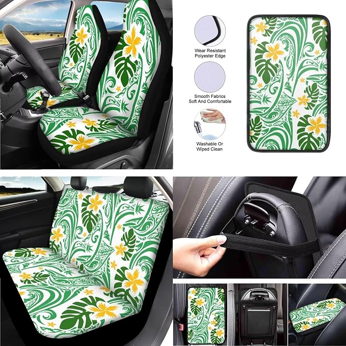 13 Set Tropical Plumeria Car Seat Cover, Hawaii Frangipane Flower Seat Belt Cover Cup Holder Keyring, Tribal Ethnic Spiral Steering Wheel Cover Universal for Most Cars