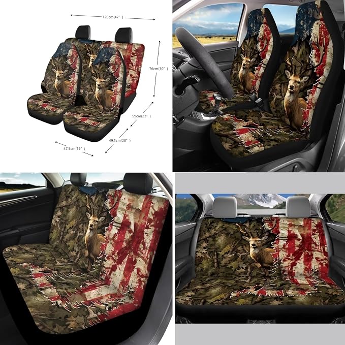 Suobstales Deer Camo Print Car Seat Covers Full Set for Women Men Retro American Flag Seat Cover Protector Auto Decorative with Steering Wheel Cover +Seat Belt Covers +Coasters +Keychains