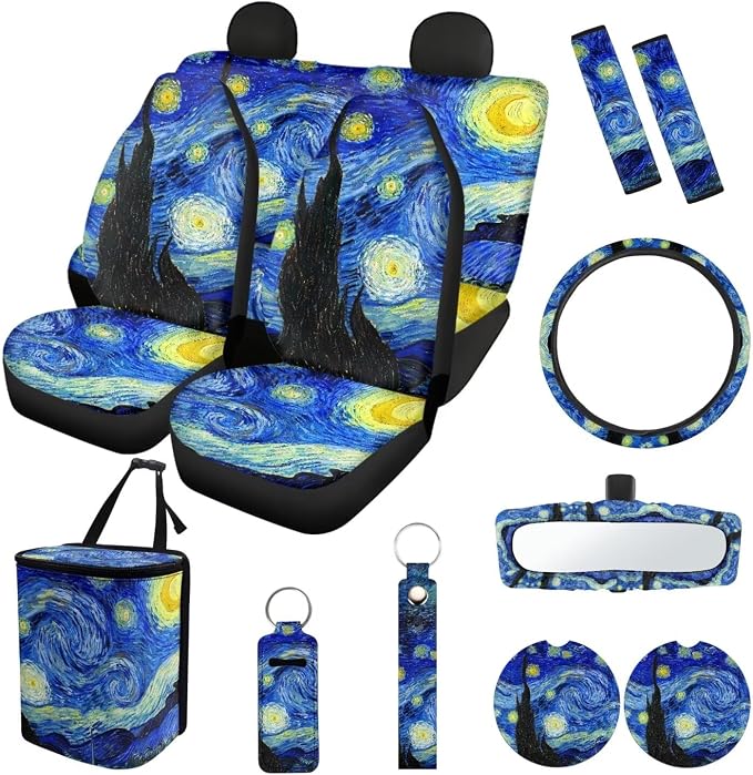 Suobstales Starry Night Print Car Accessories Car Seats Cover Protector, Steering Wheel Covers, Seatbelt Cover, Car Trash Can, Cup Coasters, Rearview Mirror Cover, Keychains, Pack of 13