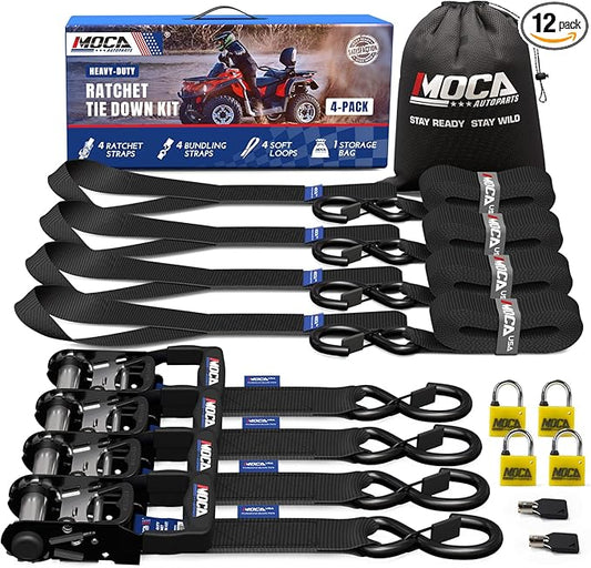 MOCA Black Locking Ratchet Straps - 5200 Lbs Breaking Strength, 1.6" x 8' Locking Tie Down Straps w/ 4 Locks & 4 Heavy Duty Ratchet Padded Handles & Coated Chromoly S Hooks & 4 Soft Loop Tie-Downs