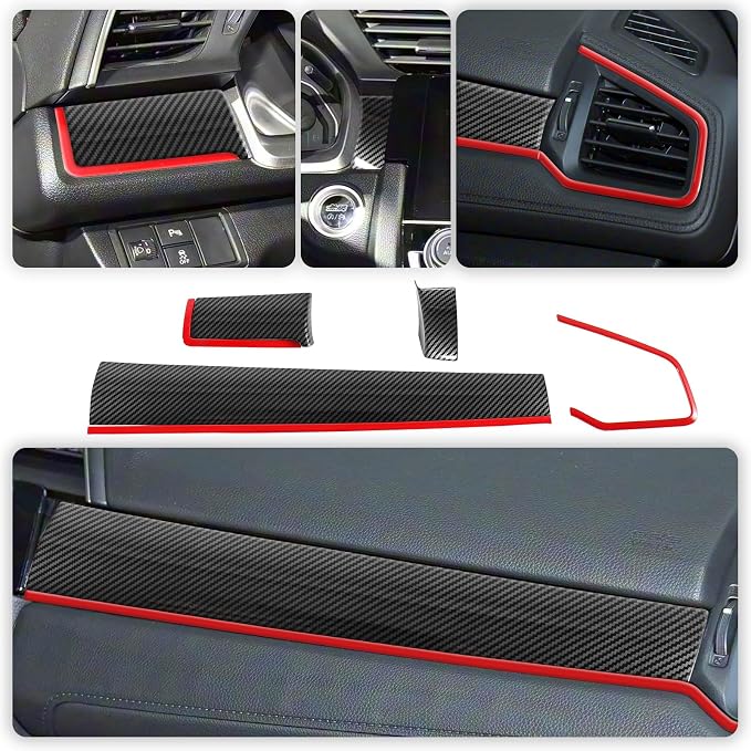 Interior Trim Kit for Honda 10th Civic 2016-2021 Red Instrument Central Control Gear Shift Panel Cover Trim