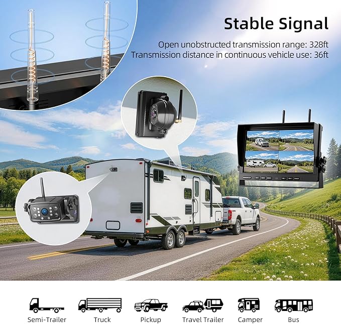 3 Magnetic Wireless Backup Camera with HD 1080P 10" DVR Monitor, 1-Rear View 2-Side View Cameras Wireless System for RV Trailer Trucks, Built-in 9600mAh Battery,Night Vision,Recording- ZEROXCLUB BC103