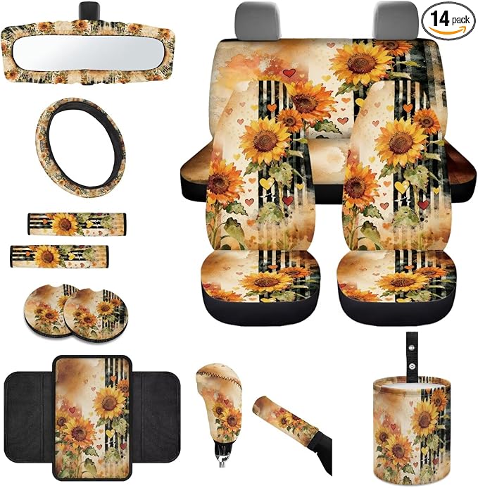 Sunflower Print Full Set Car Seat Covers with Accessories Includes Steering Wheel Cover Center Console Pad Safety Belt Pads Inside Rearview Mirror Cover Garbage Bag Coasters