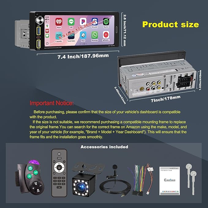 Single Din Car Stereo with Wireless Apple CarPlay & Android Auto, Designed for Older Vehicles, Bluetooth Hands-Free, FM Radio, Backup Camera Support