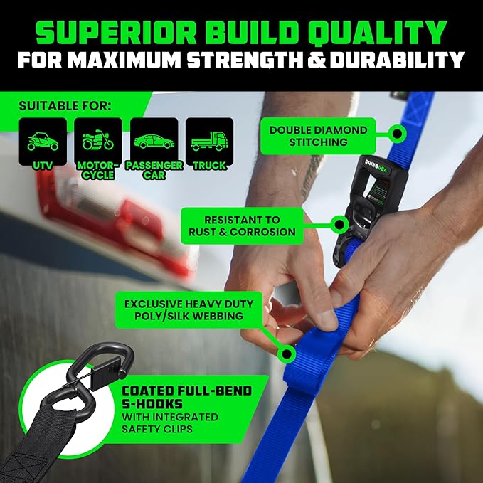 Rhino USA Ratchet Straps Heavy Duty Kit (4-Pack) - 1.6 Inch x 8 Feet Min Break Strength (5,000) - Ultimate Tie Down Straps with Safety S Hooks for Trucks, ATV, UTV, Motorcycle, Cargo & More - Blue