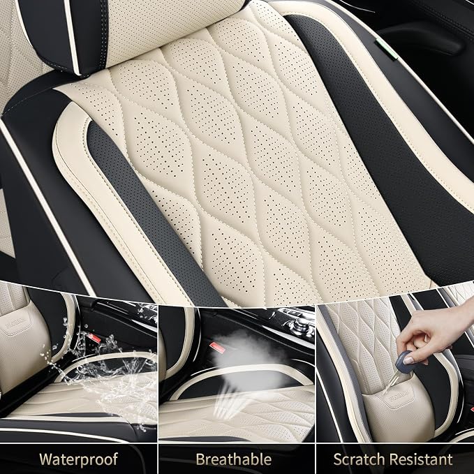 FLORICH Car Seat Covers Front and Rear Seat Cover for Car Luxury Faux Leather Automotive Seat Covers Full Set Universal Car Seat Protector 5 Seats Fit for Most Cars Sedans Trucks SUV, Black&Beige