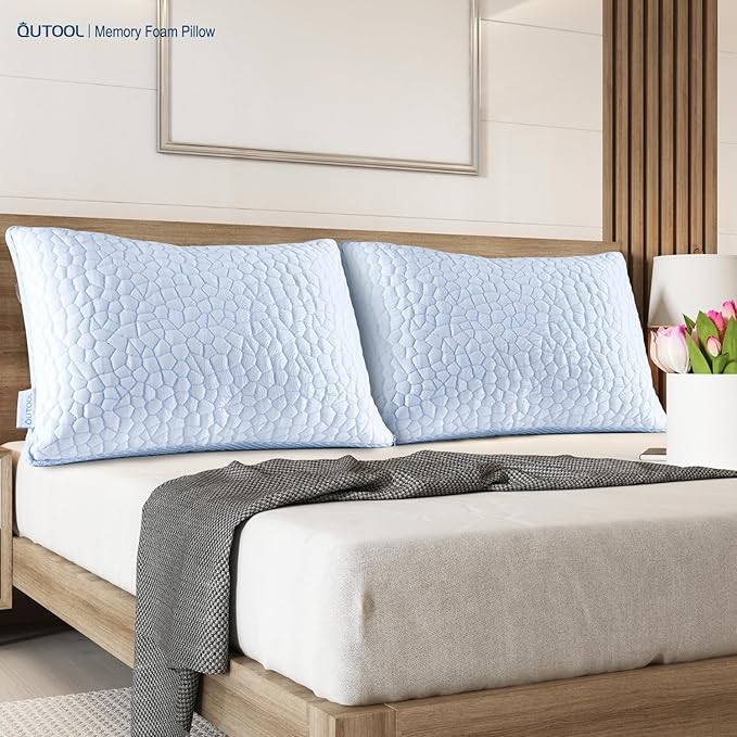 QUTOOL Enhanced Cooling Pillows for Sleeping, CertiPUR-US Shredded Memory Foam Pillows Queen Size Set of 1 for Hot Sleeper, Adjustable Bed Pillow for Side, Back, Stomach Sleepers Support Yet Soft Blue