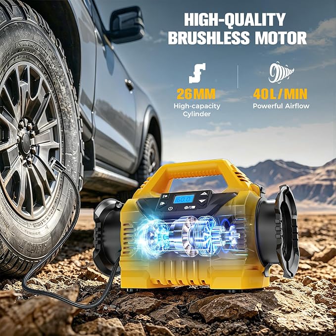 LIVOWALNY 3X Faster Cordless Tire Inflator Air Compressor Pump Compatible with Dewalt 20V Battery, 160PSI 12V DC/20V DC with Pressure Gauge & Deflator for Car, Pickup, Air Mattresses (Tool Only)