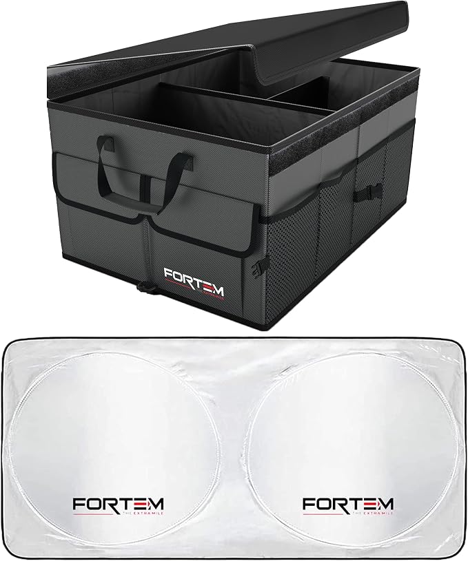 FORTEM Car Trunk Organizer (Grey, Standard) + Large Windshield Sun Shade