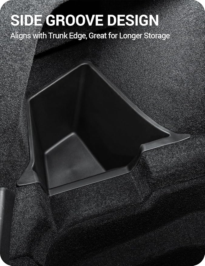 BASENOR 2025 2026 Tesla Model Y Trunk Storage Bins, (Proprietary Design) Trunk Organizer with Carpeted Lid, Rear Trunk Side Storage Box for 5-Seats Model Y Juniper Interior Accessories