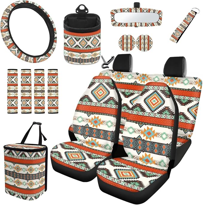 XYZCANDO Ethnic Tribe Auto Seat Cover Sets 15 PCS Car Seat Cover Set Car Rear View Mirror Cover Steering Wheel Cover Seat Belt Pads Cover Garbage Bag Storage Box Coasters Keychain Fit Most Cars