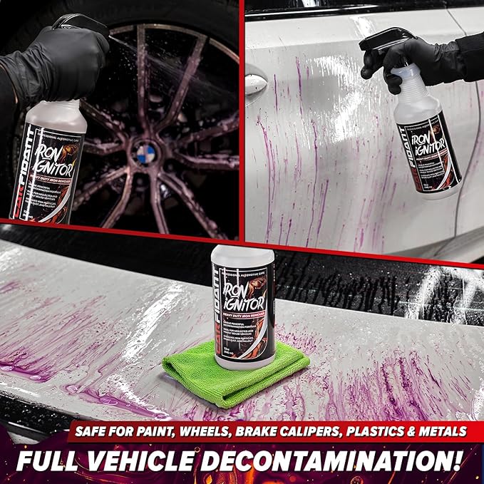 Carfidant Iron Ignitor - Iron Remover & Wheel Cleaner - Color-Changing Purple Decon Spray for Brake Dust, Rust, Fallout - Safe on Paint, Rims & Metal - Car Detailing - pH Neutral - 32oz