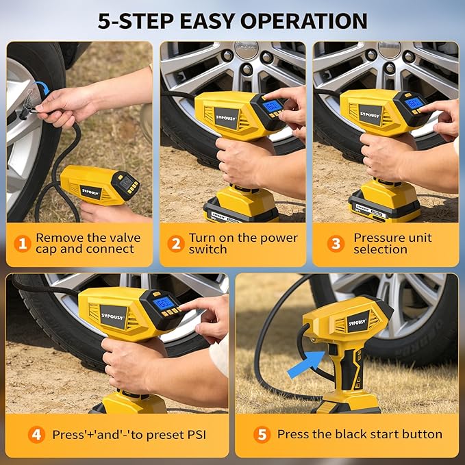 Upgraded Cordless Tire Inflator Portable Air Compressor - Adapter Compatible with DeWalt 20V Battery, With Rechargeable Battery, 160 PSI 4X Fast Air Pump, Dual Power Modes for Car, Motorcycle, E-Bike