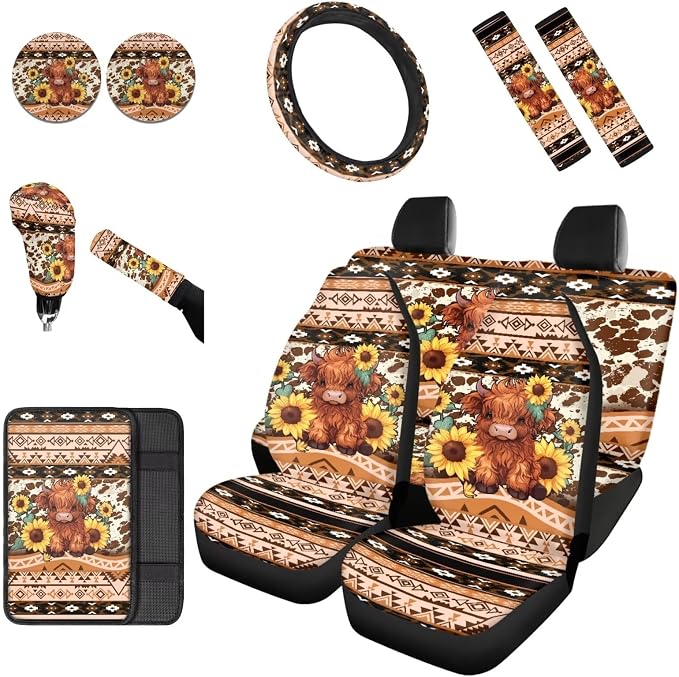 Dreaweet Aztec Brown Cow Print Car Seat Covers Full Set Cute Sunflower Highland Cow Car Accessories Steering Wheel Cover Car Coasters Armrest Cover Seatbelt Covers Gear Shift Cover Handbrake Cover