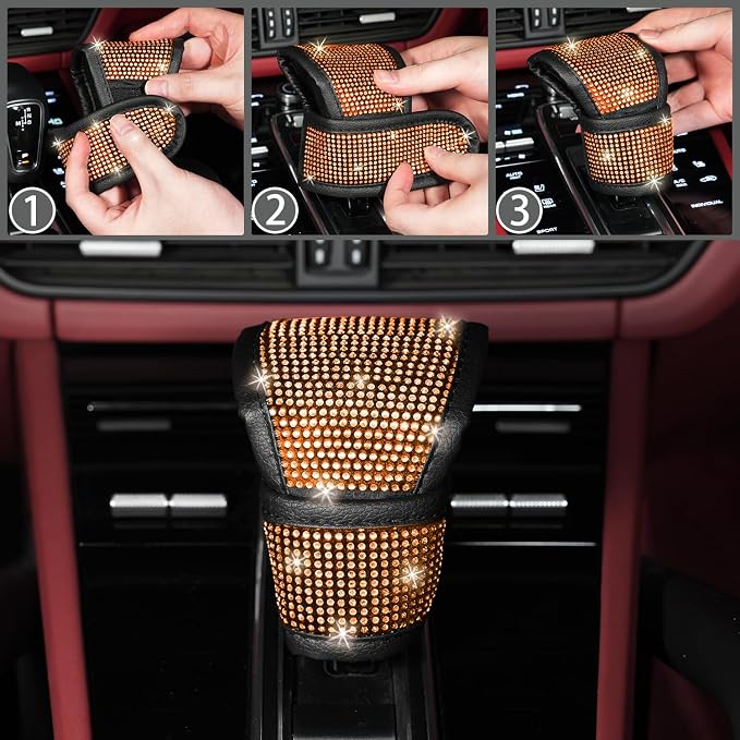 NBTEPEM 8 pcs Orange Bling Car Accessories Set for Women, Steering Wheel Cover, Sparkly Seat Belt Covers, Bling Gear Shift Cover, Universal Fit Most Cars (Orange Diamond)