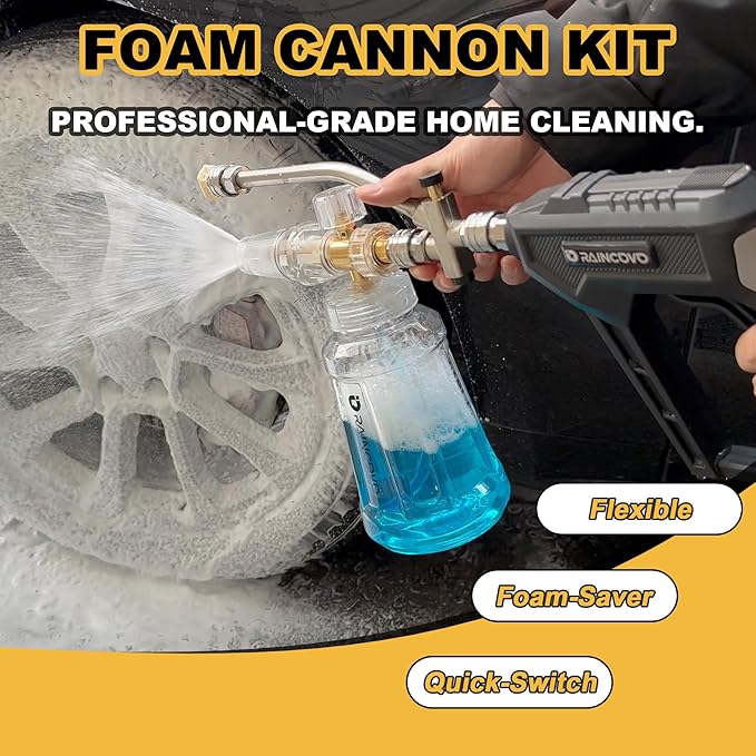 Raincovo Foam Cannon with Short Pressure Washer Gun, Dual Connector Accessories, Snow Soap Attachment for Car Wash, 5 Nozzles Tips with Holder, 1/4” Quick Connect, Additional 1.1 mm Orifice Nozzle