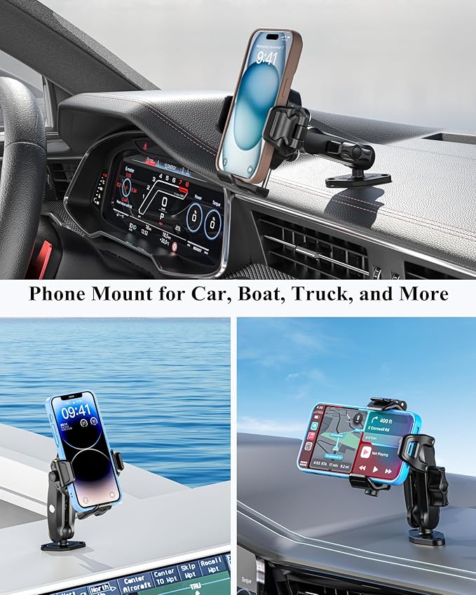 BRCOVAN Anti-Theft Phone Mount Holder with Vibration Dampener [Camera Friendly] [1s Lock & Release], with Aluminum Diamond Base & Medium Arm for Car Boat Truck Motorcycle UTV ATV Fit 5.4-7.2'' Phone