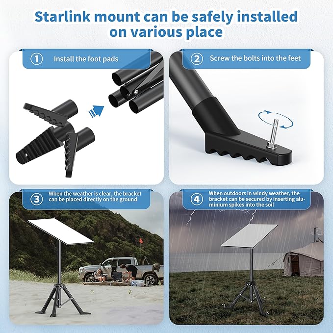 Tripod Stand for Starlink Standard Gen 3/ Standard 4/ Standard 4 X with Pipe Adapter, Outdoor Portable Starlink Mounting Kit for Camping and RV Travel