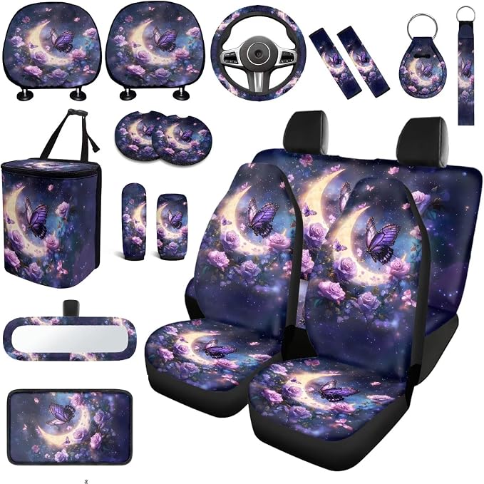 Butterfly Moon Car Accessories Full Set 18 Pieces Butterfly Flower Car Seat Covers Full Set Universal Car Seat Belt Pads Cover Car Headrest Covers Cup Coasters Keychain Car Trash Can