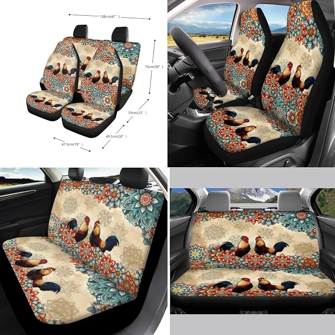 Suobstales Bohemia Mandala Rooster Chicken Print Car Seat Cover Full Set SUV Interior Accessories Front/Back Bench Bucket Seat Cover, Steering Wheel Cover, Seat Belt Cover, Coasters, Keychain
