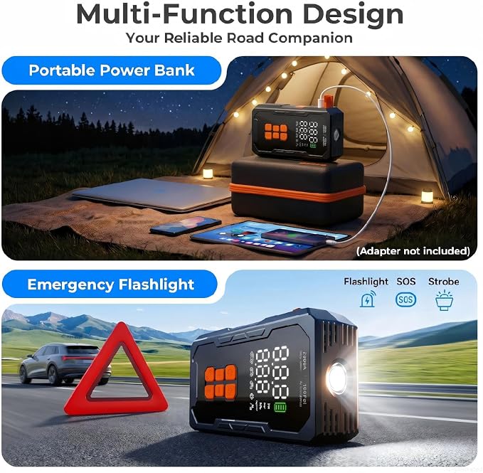 Jump Starter with Air Compressor 160PSI, 12V Car Battery Jumper Starter Portable (8.0L Gas/6.0L Diesel), Car Battery Charger Jump Box Cables with Auto-Shutoff Tire Inflator and LED Light, Black