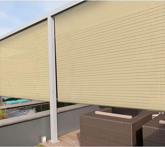 Coarbor Outdoor Roll up Shades Blinds for Pergola Porch Balcony Deck Roller Shade Screen 7'W x 8.5'L Hollow Out Beige