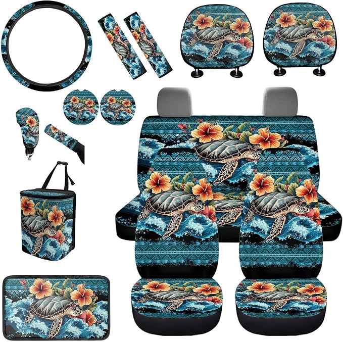 BIGCARJOB Floral Sea Turtle Print Car Seat Covers - Full Set with Rear & Front Seat Protectors, Headrest Covers, Trash Can - 15 Pack