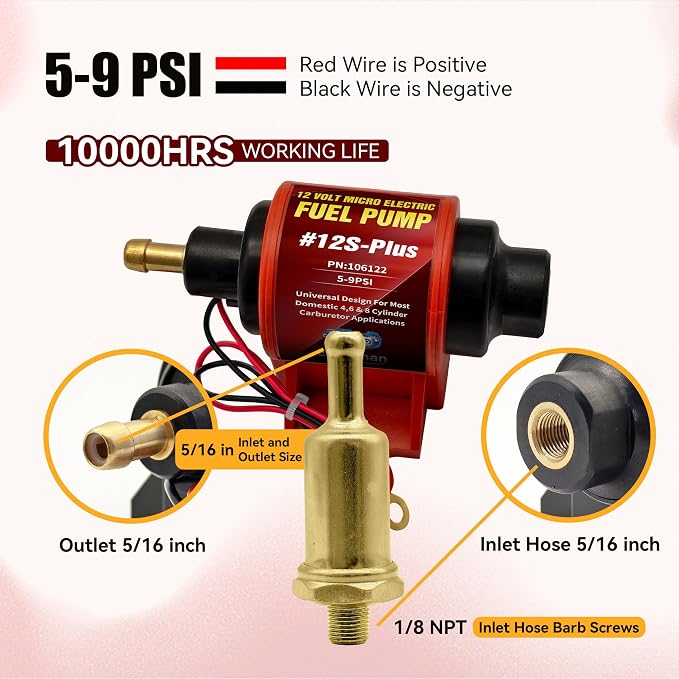 Universal 12 Volt Electric Fuel Pump 5-9 PSI, 35GPH, Super 12S Plus for Gasoline Diesel Engines