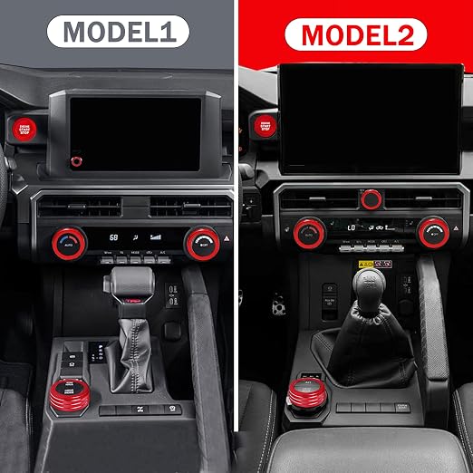 Knob Covers for Toyota Tacoma Accessories 2024 2025 2026 8" or 14" Touchscreen Air Conditioner Engine Start Stop Button Ring Drive Mode Switch Audio Center Console Button Knob Cover 7 Pcs (Red)