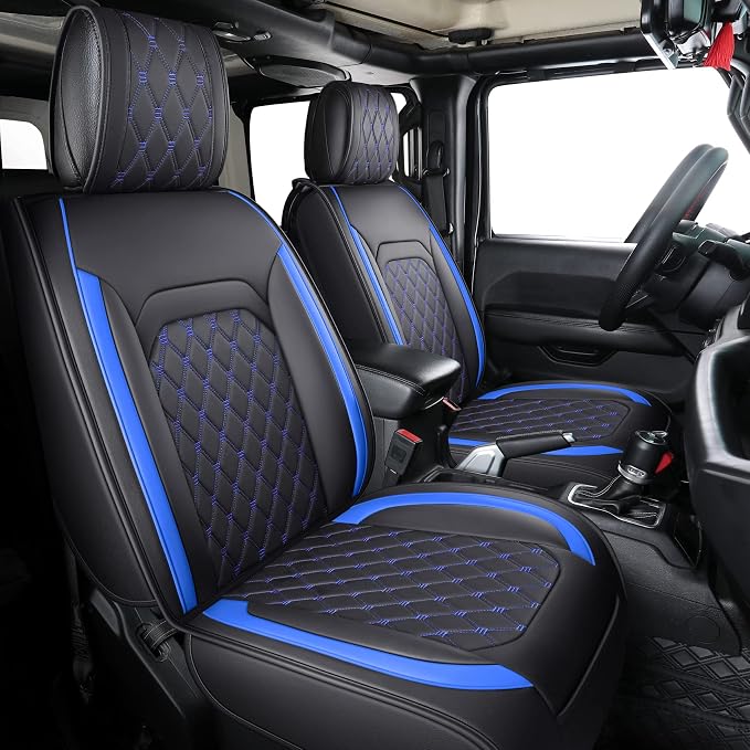 Aierxuan Jeep Wrangler JK JL Front Seat Covers Custom Fit 2/4 Door 2007-2026 Unlimited X Rubicon 392 Sahara Willys Sport High Altitude Truck Pickup Waterproof Leather (2 PCS Front/Black-Blue)