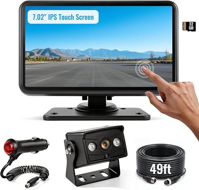 Wired Backup Camera System for Skid Steer, 7.02" DVR IPS Touchscreen with AHD IP69K Water/Dust Proof Rear Camera, Vibration-Proof 20G for Hitching, Tractor, Truck, Heavy Equipment, AYT102