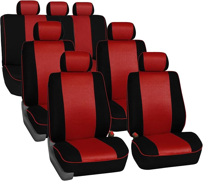 FH Group Car Seat Covers Three Row 7 Seater Cloth Car Seat Covers with Piping (Airbag and Split Ready) - Universal Fit for Cars Trucks & SUVs Red/Black