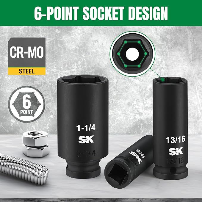SK 1/2" Drive Impact Socket Set, Deep SAE Sockets, 13-Piece 7/16" to 1-1/4", Premium CR-MO Steel, SureGrip 6 Point Design, With Storage Case