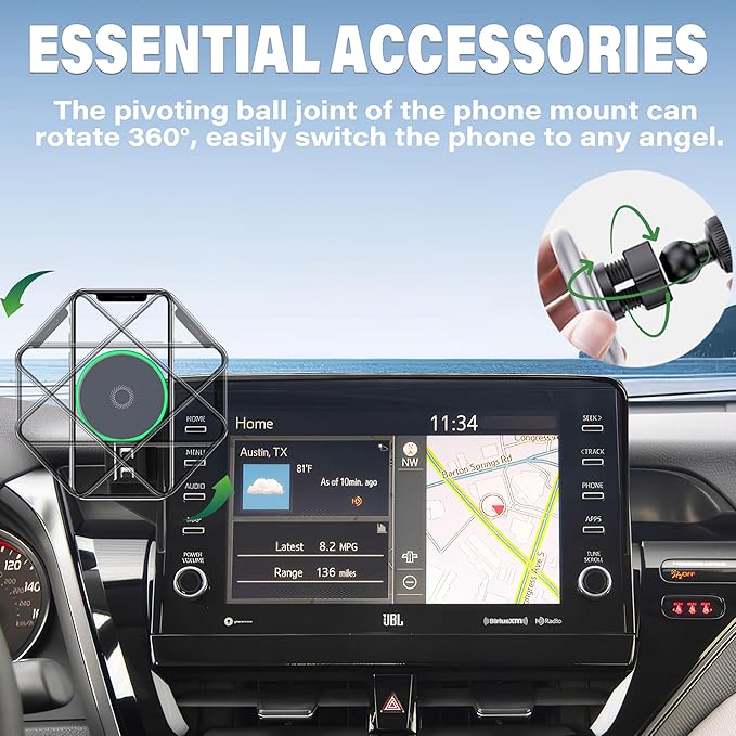 Car Phone Holder for Toyota Camry 2021 2022 2023 2024 Accessories Apply to 9 Inch Touch Screen 15W Fast Wireless Charger Screen Fixed Clip Cell Phone Mount Hands-Free 360 Degree Rotation