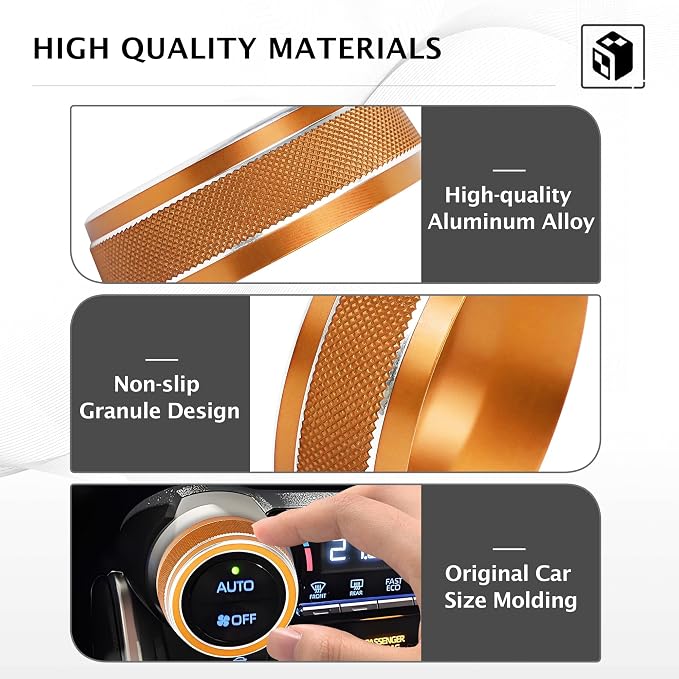 for Toyota RAV4 Hybrid/Plug-in Hybrid Accessories 2019 2020 2021 2022 2023 2024 2025, 7-Piece Aluminum Alloy Knob Cover Trim Kit - Push Start Button, AC, Volume & Drive Mode (Orange)