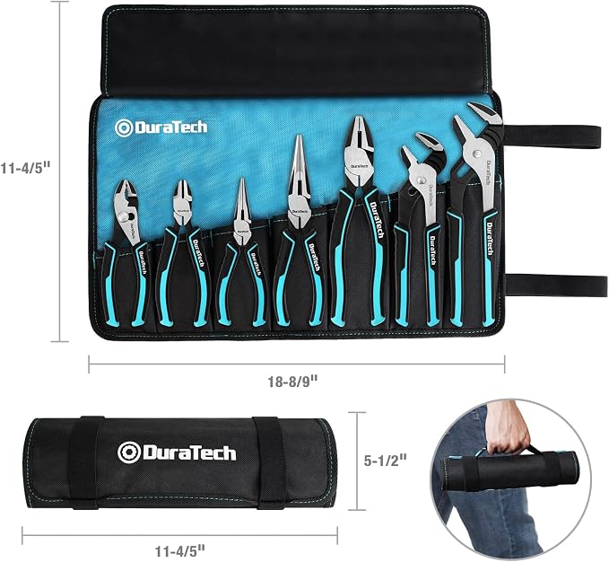 DURATECH 7-Piece Pliers Set with Rolling Pouch, Premium Cr-Ni Construction (10", 8" Groove Joint Pliers, 8", 6" Long Needle Nose, 8" Linesman, 6" Slip Joint, 6" Diagonal) for Basic Repair
