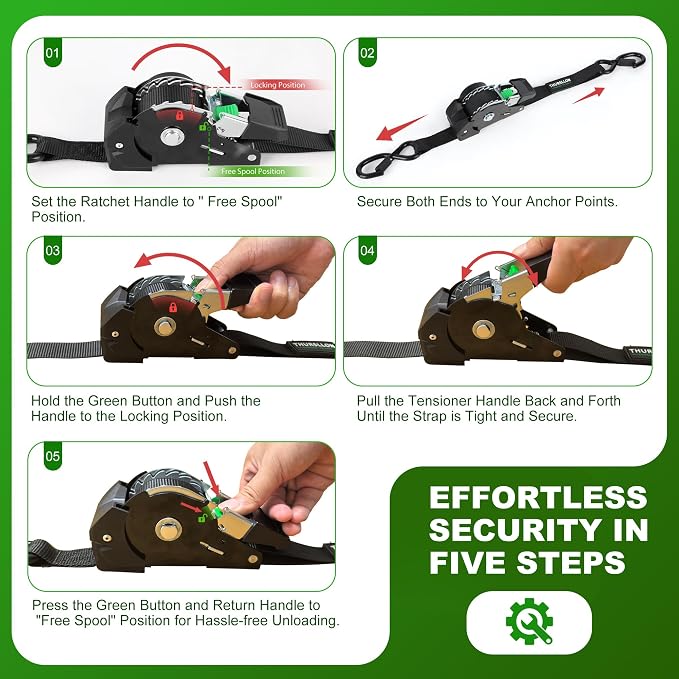 Retractable Ratchet Straps (4-Pack) - 1 Inch x 10 Feet (1,650lb Break Strength) - Auto Self Retracting Tie Down Straps for Truck, Cargo Trailer, Motorcycle, ATV, UTV - Black