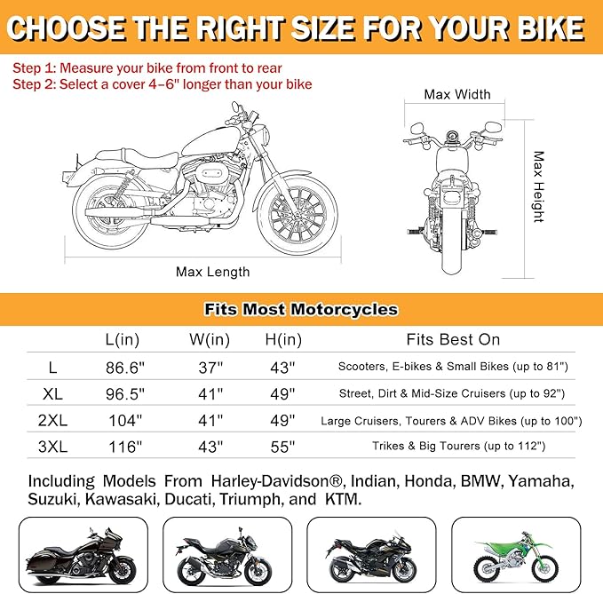 Heavy Duty Motorcycle Cover Waterproof Outdoor Universal Fit up to 92 Inch, All Season Protection for Kawasaki Z650 Ninja ZX-10R, Honda Rebel 500 CBR500R with See-Through License Panel