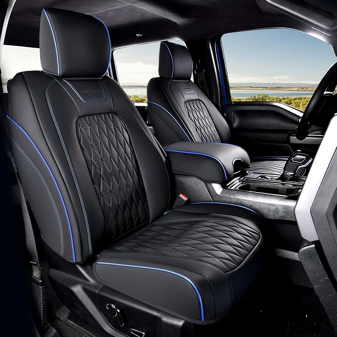 Coverado Leather Ford F150 Seat Covers Full Set, Automotive Seat Covers for Pick-up Truck, Waterproof Cushion Cover for 2015-2026 F150 and 2017-2026 F250 F350 F450 (Blue line)