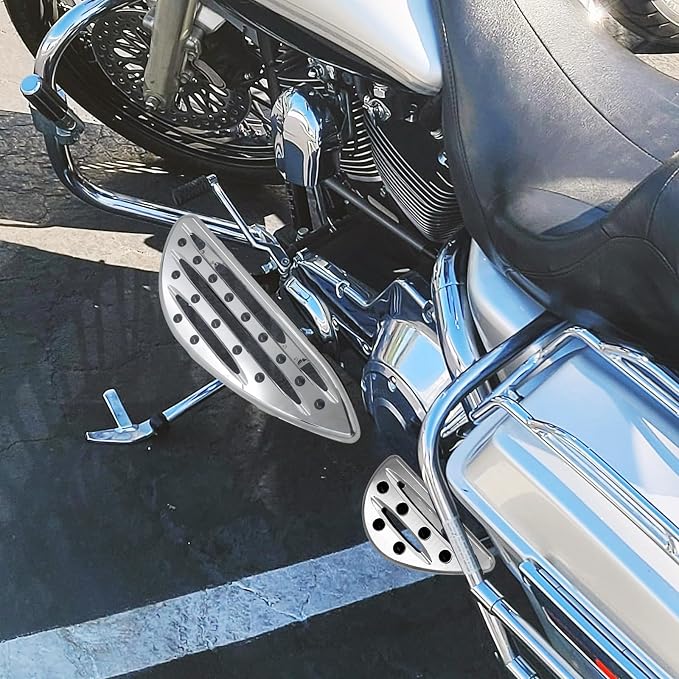Motorcycle Floorboards Set Driver Front Footboards and Rear Passenger Foot Pegs Kit Hollow Striped Style Compatible with Harley Touring Road King Road Glide Electra Glide Street Glide (Chrome)