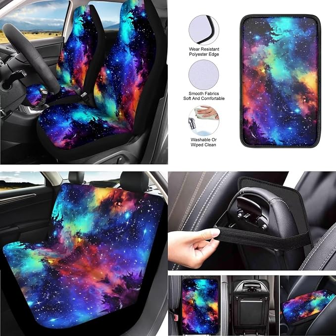 Starry Sky Rainbow Print 13 Piece Car Seat Covers for Women Universe Outer Space Pattern Steering Wheel Cover Cup Coasters Seat Belt Pads Cover
