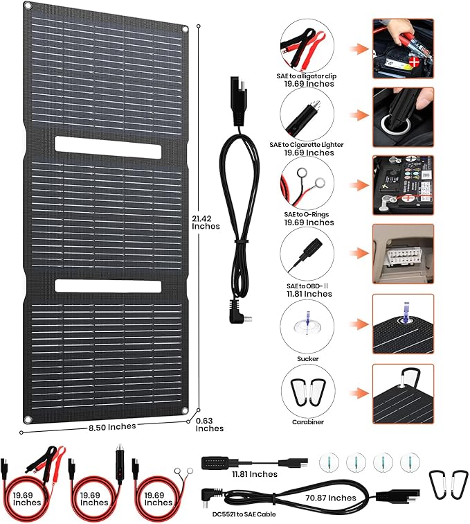 FlexSolar 15W Foldable Solar Panel Trickle Charger Maintainer Kits - 12V DC & USB Output with Built-in Controller Includes Cigarette Lighter, Alligator Clips, O-Rings,OBDII Connector for Car, Truck