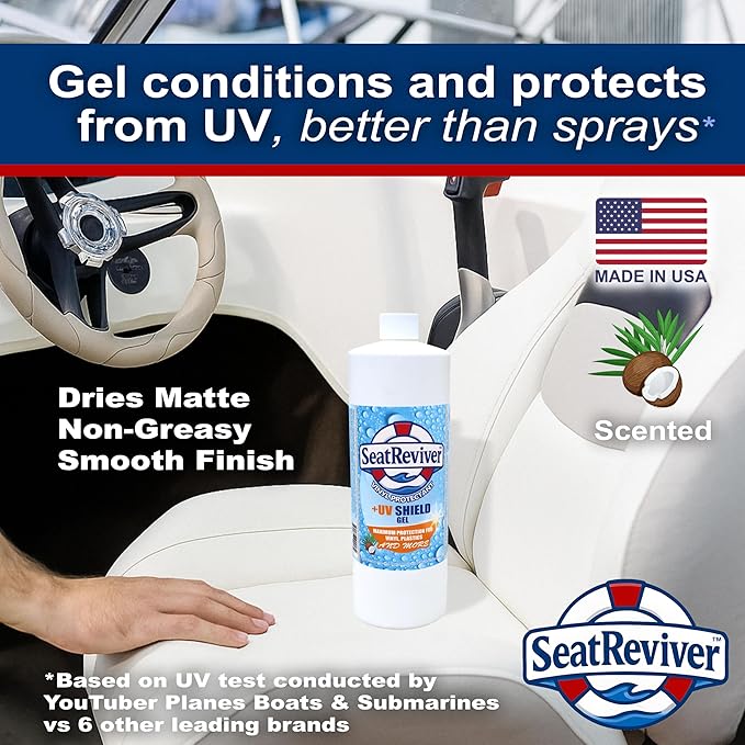 Marine Vinyl Protectant + UV Shield & Residual Bleach Neutralizer, Coconut Scent, for Boat Seats, Vinyl & Plastics | Non-Greasy, Matte Finish, Light Gel | 32oz