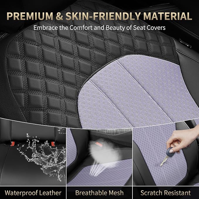 FLORICH Seat Cover Front and Rear Purple Car Seat Cover Mesh Leather Seat Covers Full Set Breathable Car Seats Cushion Protectors Spill-Proof Universal Fit for Most Car SUV Sedan Truck, Black&Purple
